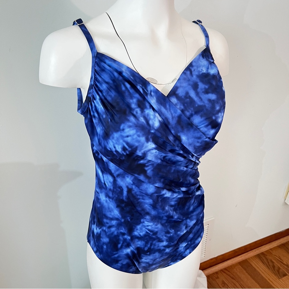 Aqua Green Blue Wrap Ruched One-Piece Bathing Suit | Size Women’s Small - Picture 2 of 14